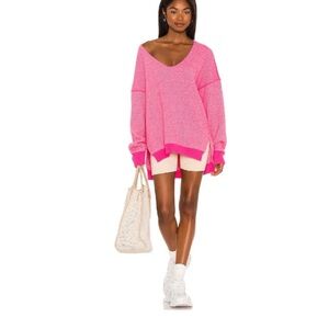 New Free People Hot Pink Combo Sweater  V Neck Oversized Jumper Pullover M